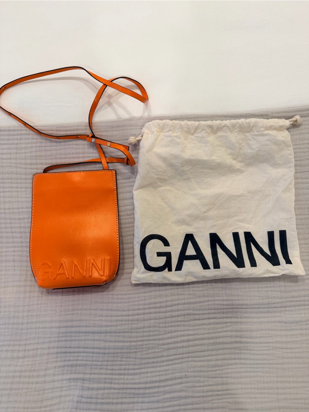 Ganni Orange Leather Crossbody Pouch with Embossed Logo